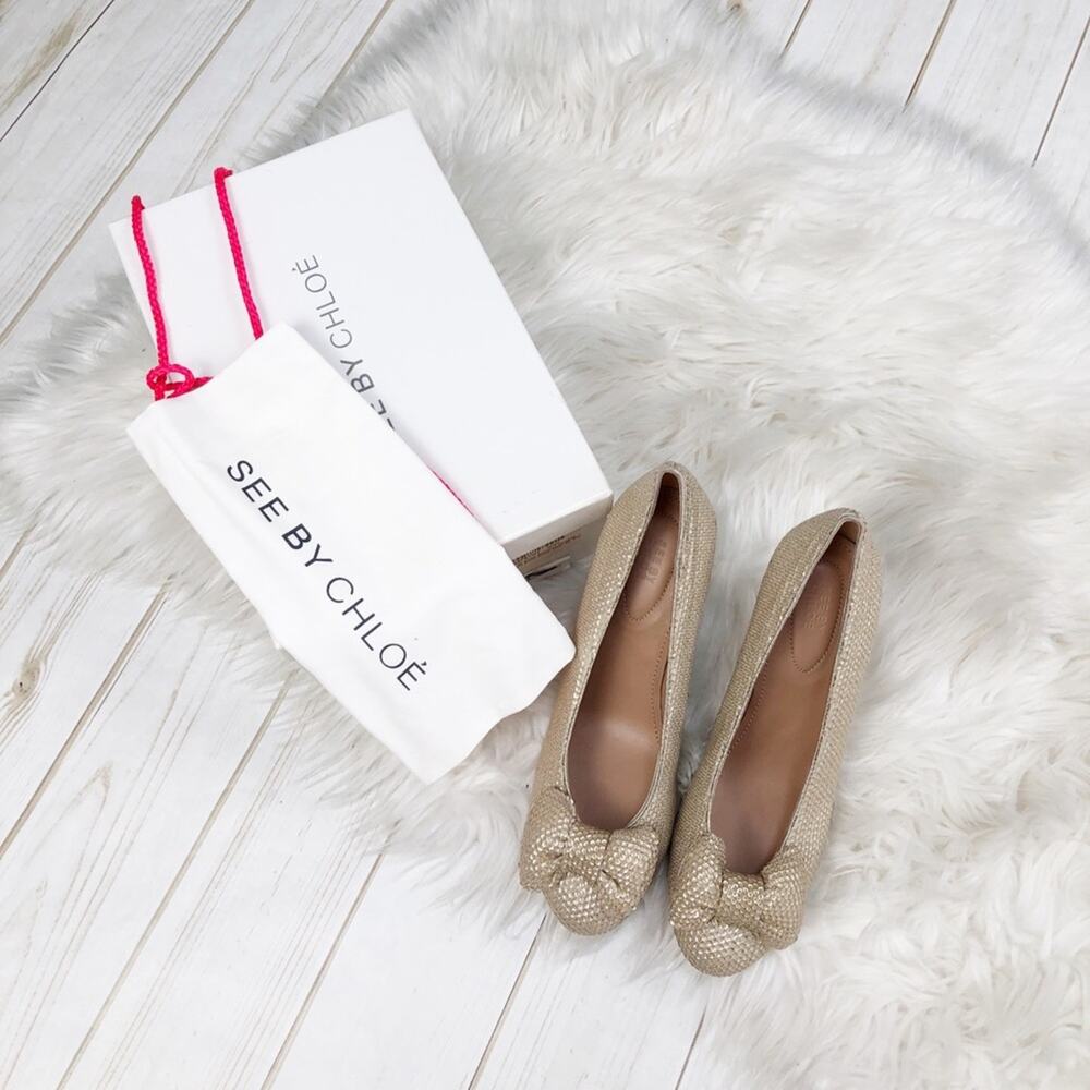 See by Chloé Women's Paillette Bow Tie‎ Gold Sequin Pump High Heel 39 NEW